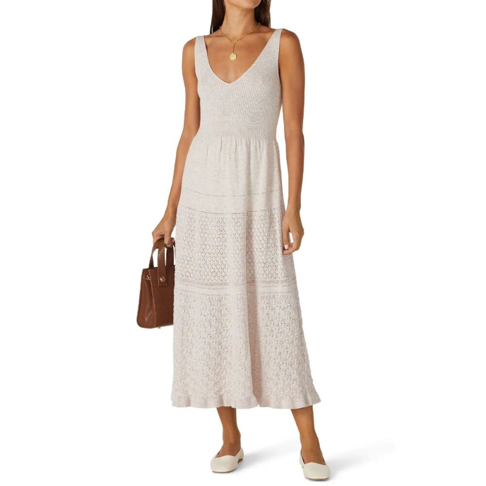 La Vie Rebecca Taylor Cream Knit Pointelle Sleeveless V Neck Sheath Dress Sz M